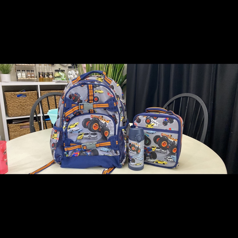 Pottery Barn backpack, lunchbox with bento box and water bottle